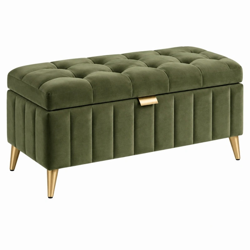 Sitzbank mit Stauraum 100 x 40 x 45 cm olivgrüner Samtbezug gepolstert