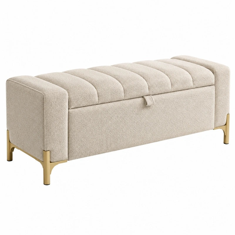 Sitzbank mit Stauraum 120 cm Bouclé Creme Metallbeine gepolstert