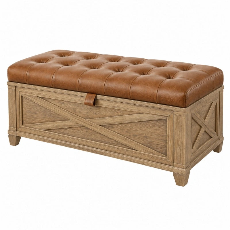 Sitzbank 120 x 45 x 50 cm aus Holz braun mit gepolsterter Sitzfläche in Lederoptik und Stauraum