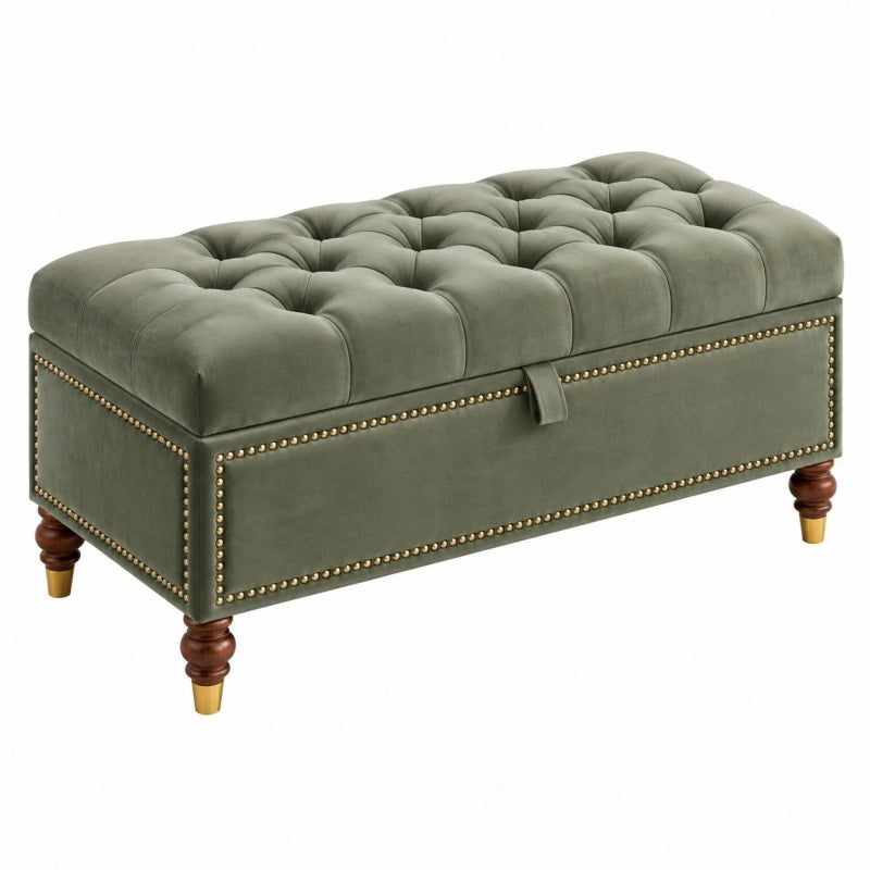 Sitzbank mit Stauraum 120 x 45 x 48 cm Samt Grün Chesterfield mit Holzbeinen
