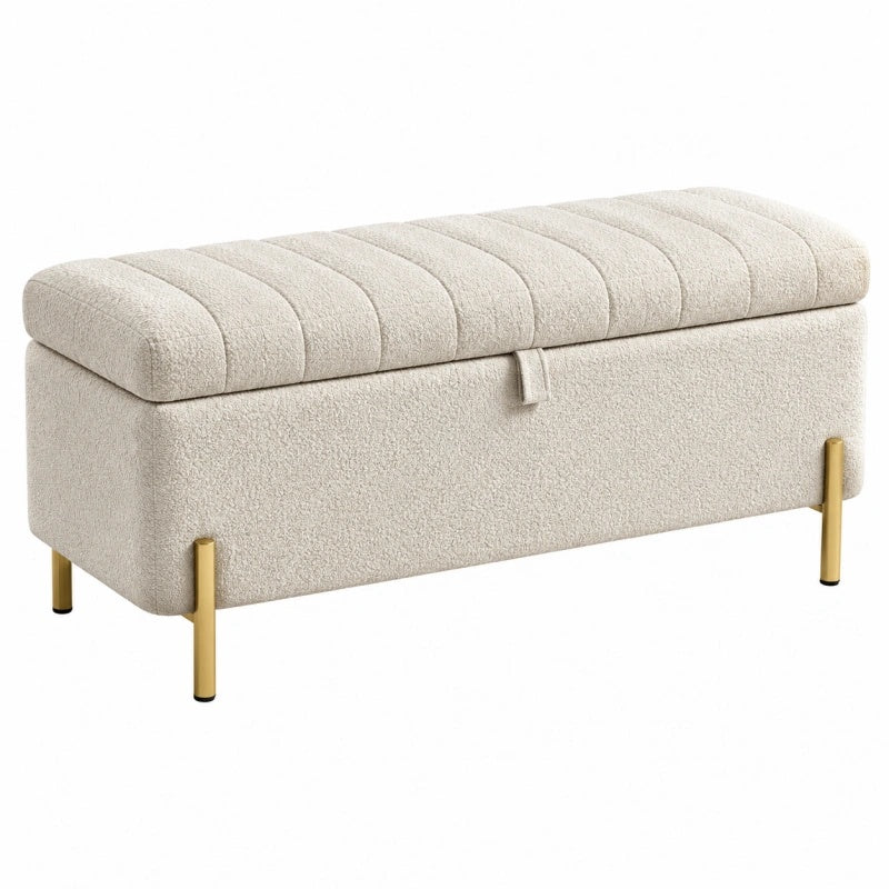 Sitzbank 100 x 40 x 45 cm aus Boucléstoff in Creme mit Stauraum und Metallfüßen
