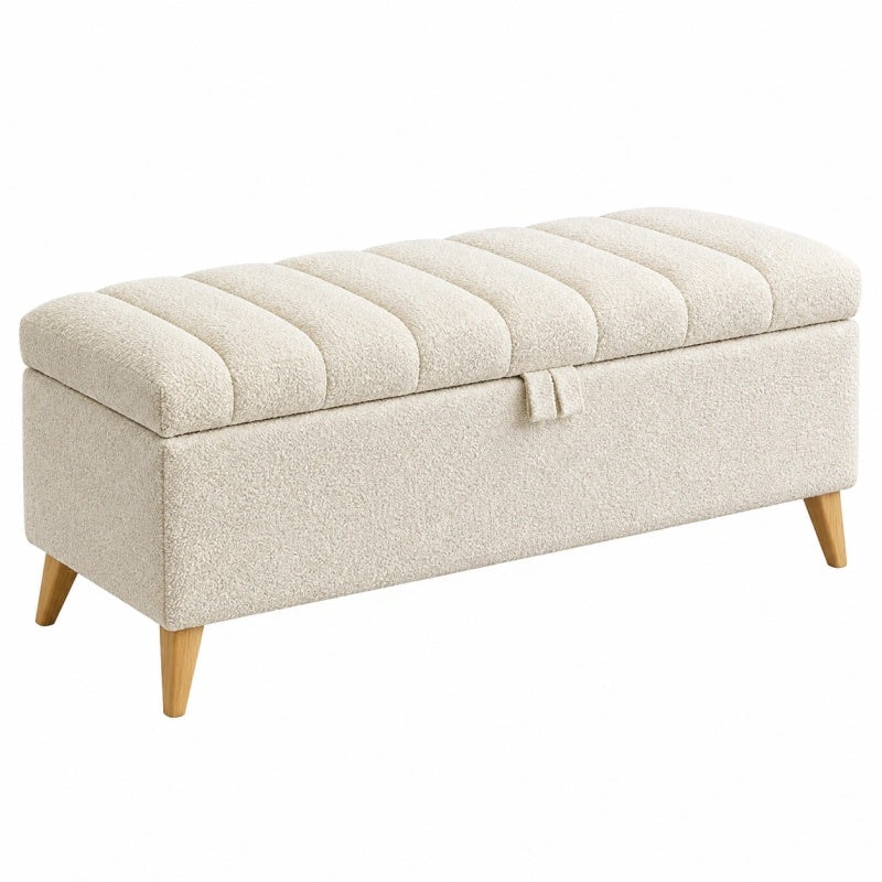 Aufbewahrungsbank 100 x 40 x 45 cm Boucléstoff Creme mit Holzfüßen und Klappdeckel