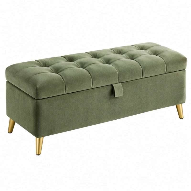 Sitzbank 110 x 40 x 45 cm Samt Olivgrün mit Stauraum und gepolsterter Sitzfläche