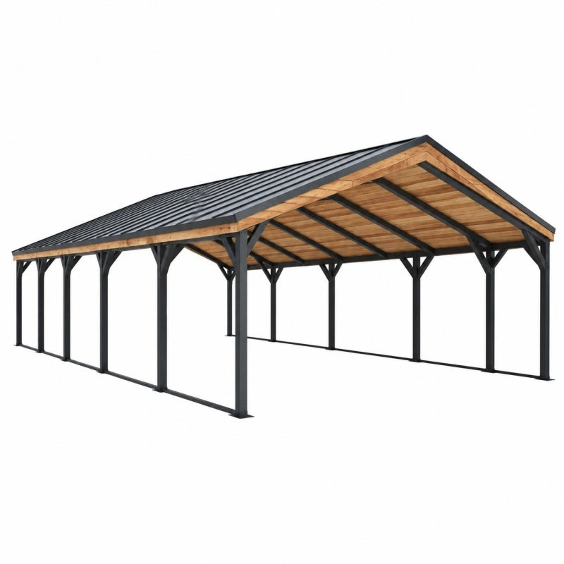 Carport 600 x 500 x 300 cm Stahl Holz Anthrazit Natur - freistehendes Satteldach für Fahrzeuge