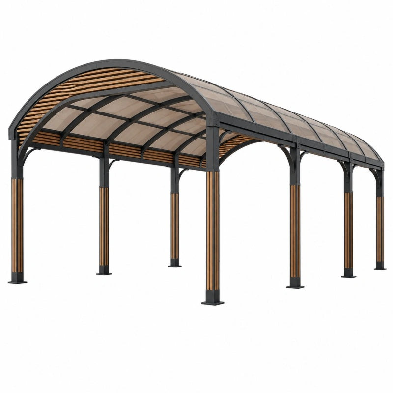 Carport 600 x 300 x 280 cm aus Stahl und Polycarbonat in Schwarz Braun mit Bogendach