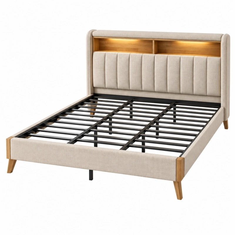 Polsterbett 160 x 200 cm Beige Holz Metall mit Kopfteilbeleuchtung