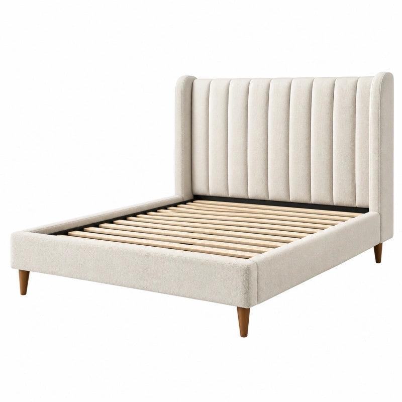 Polsterbett 160 x 200 cm Creme Stoff mit vertikal gestepptem Kopfteil und Lattenrost