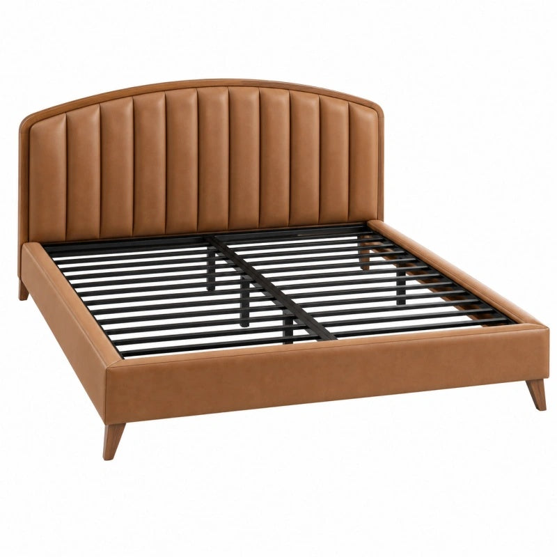 Bettgestell 160 x 200 cm Kunstleder Cognacbraun mit gepolstertem Kopfteil und Lattenrost